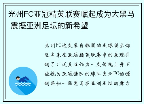 光州FC亚冠精英联赛崛起成为大黑马 震撼亚洲足坛的新希望